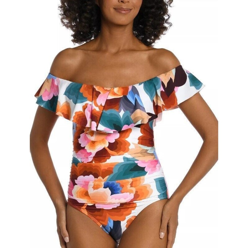 NWT La Blanca Off the Shoulder One Piece Slimming Swimsuit Womens 4 Pink Floral